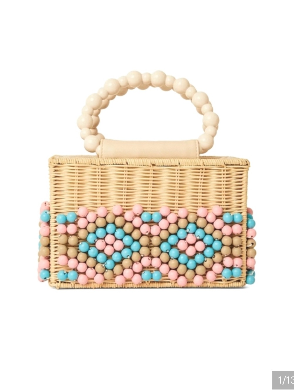 Beaded Wicker Basket Bag with Cream Handle